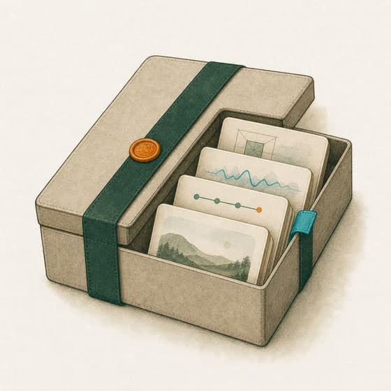 Illustration of a keepsake box holding family learning cards, not a product screenshot.