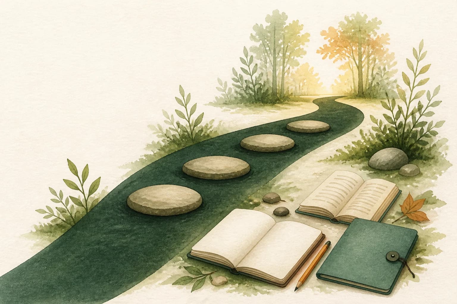 A watercolor field notebook beside four large stepping stones on a calm path toward a sunlit woodland clearing.