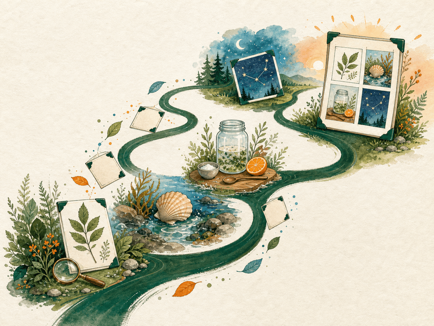 Watercolor journey connecting nature study, experiments, books, and portfolio evidence.