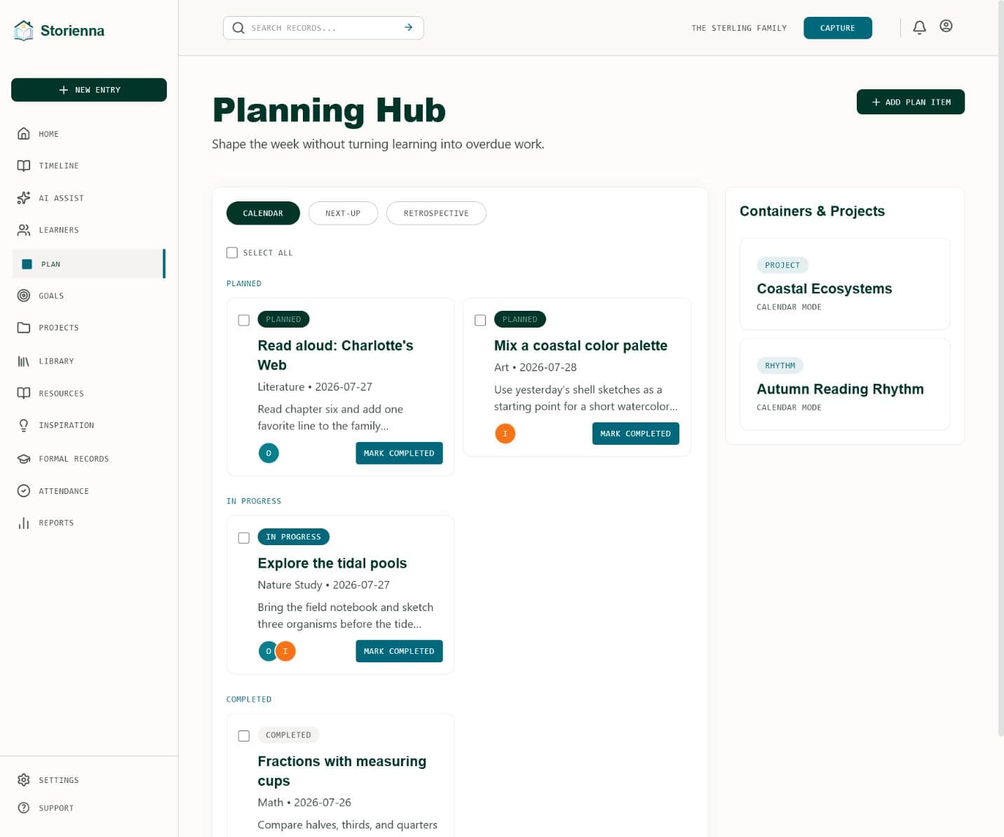 Storianna planning hub with calendar, next-up, and retrospective modes.