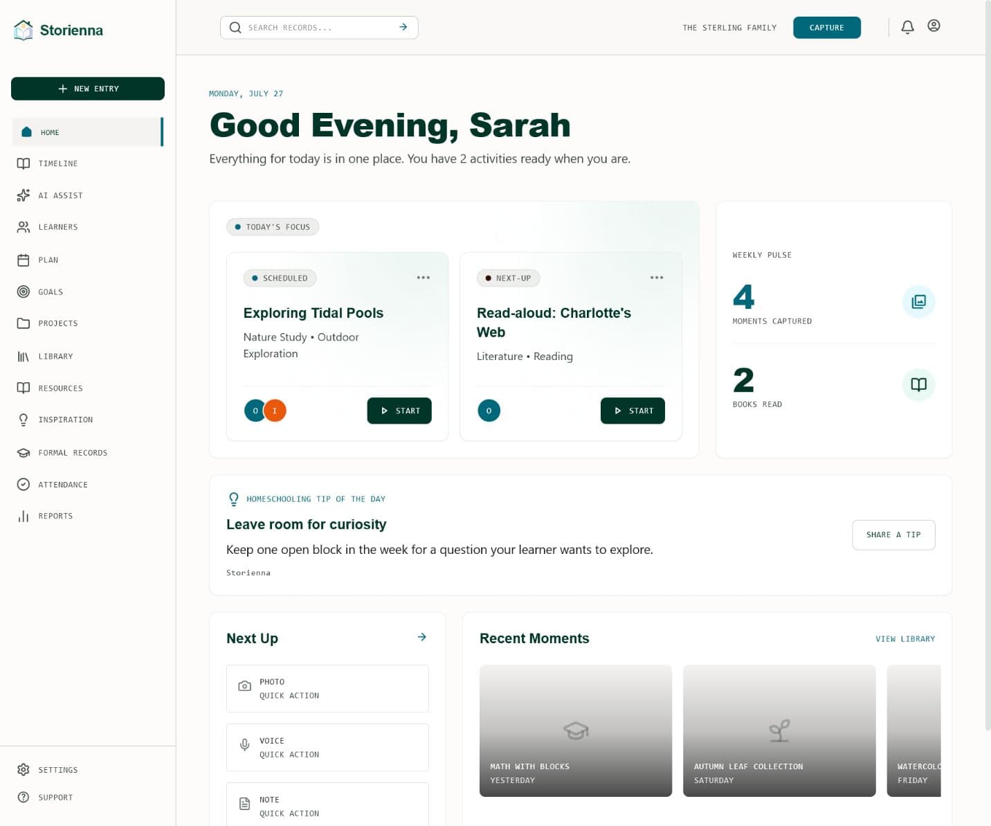 Synthetic Storianna household dashboard with planning, library, projects, and formal-record destinations.