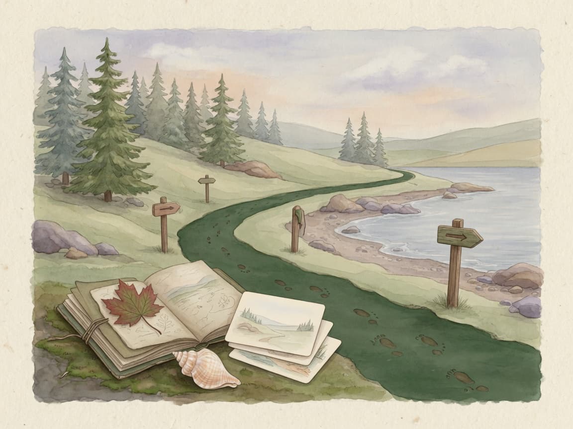 Illustration of a nature path, open journal, and memory cards used as a weekly-story metaphor.