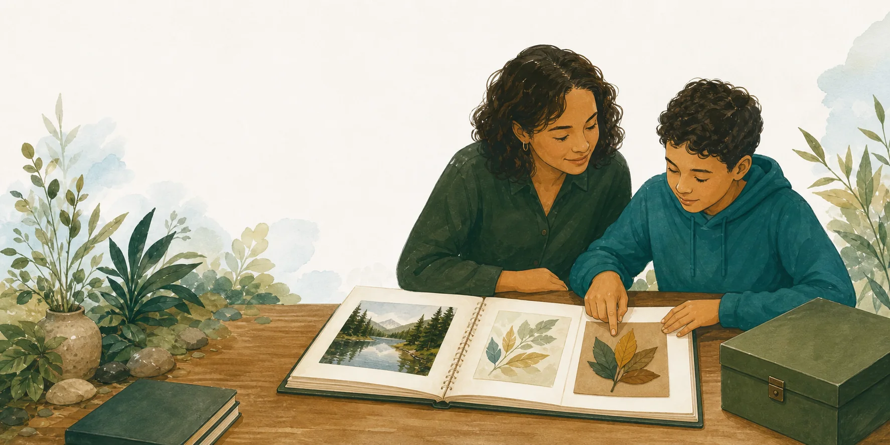 A parent and older learner thoughtfully curating selected work in a portfolio book.
