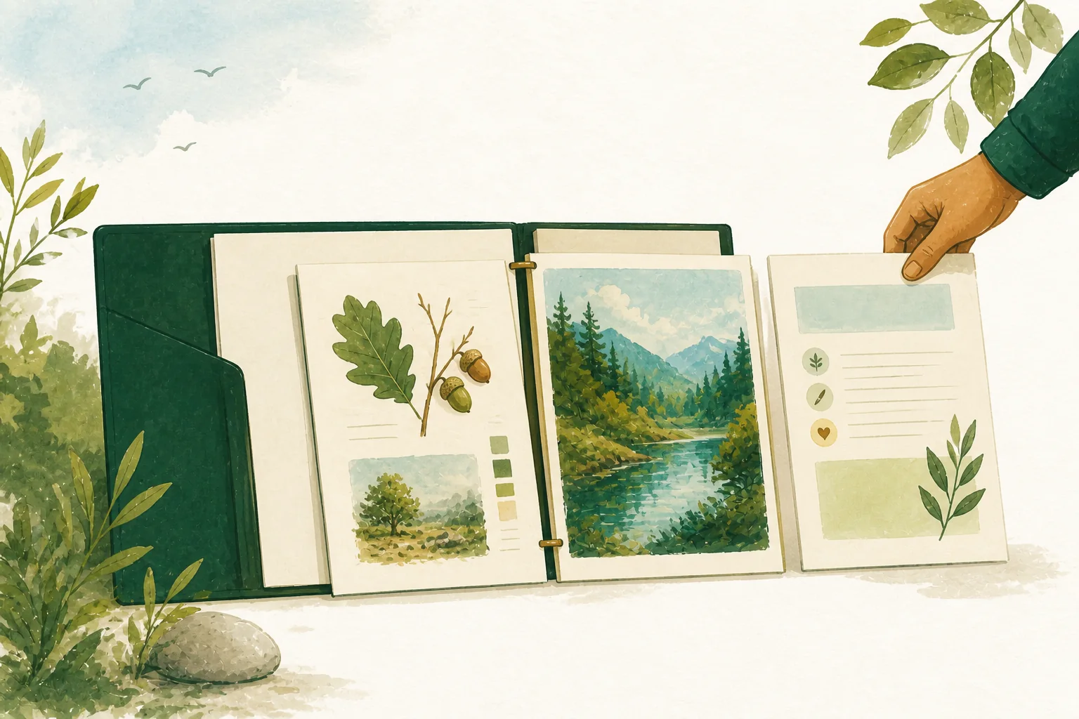 A curated portfolio with a nature study, project photograph, and reflection example.