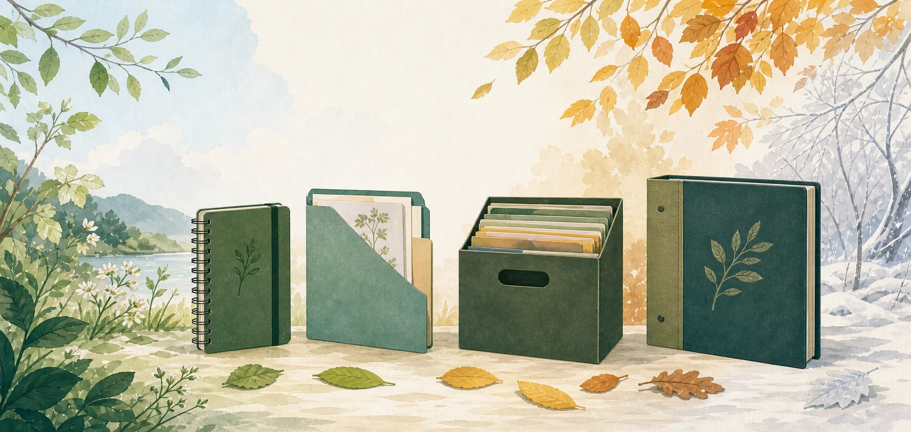 A daily notebook, weekly folder, term box, and annual binder arranged across the seasons.